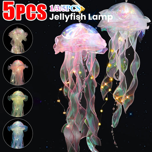 Jellyfish Bedroom Night Light Lamp Button Battery Hanging Atmosphere Decoration Lamp with Ribbon&Bead for Girl Bedroom 2024