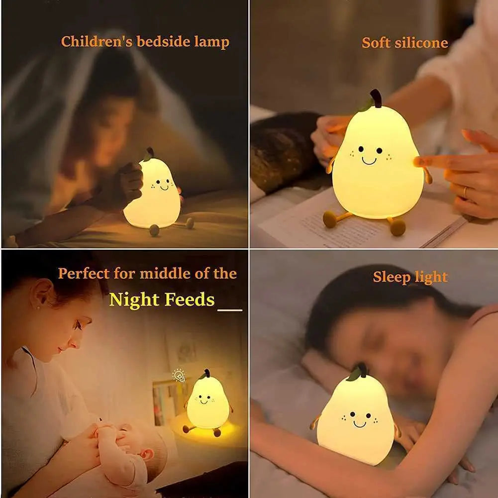 Night Lights for Kids Pear Shaped Cute Silicone Nightlight 7 Colors Dimmable Night Lamp USB Charging for Bedroom Bedside Room