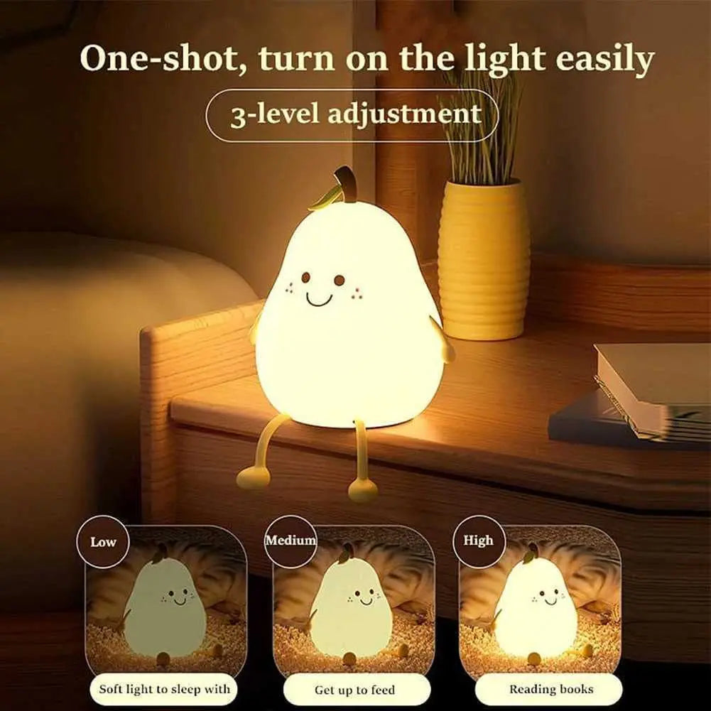 Night Lights for Kids Pear Shaped Cute Silicone Nightlight 7 Colors Dimmable Night Lamp USB Charging for Bedroom Bedside Room